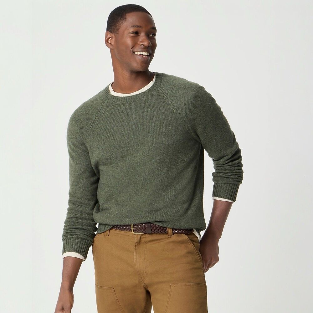 J Crew Sweater Mens L Green Lambswool Blend Heather Fatigue Supersoft AA027 NWT